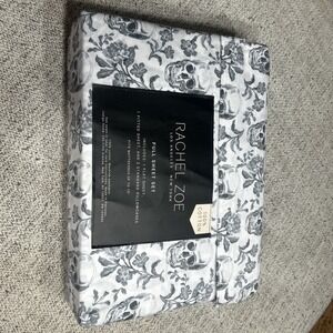 RACHEL ZOE Gray Floral skull Halloween themed sheets  FULL  set  100% cotton NEW